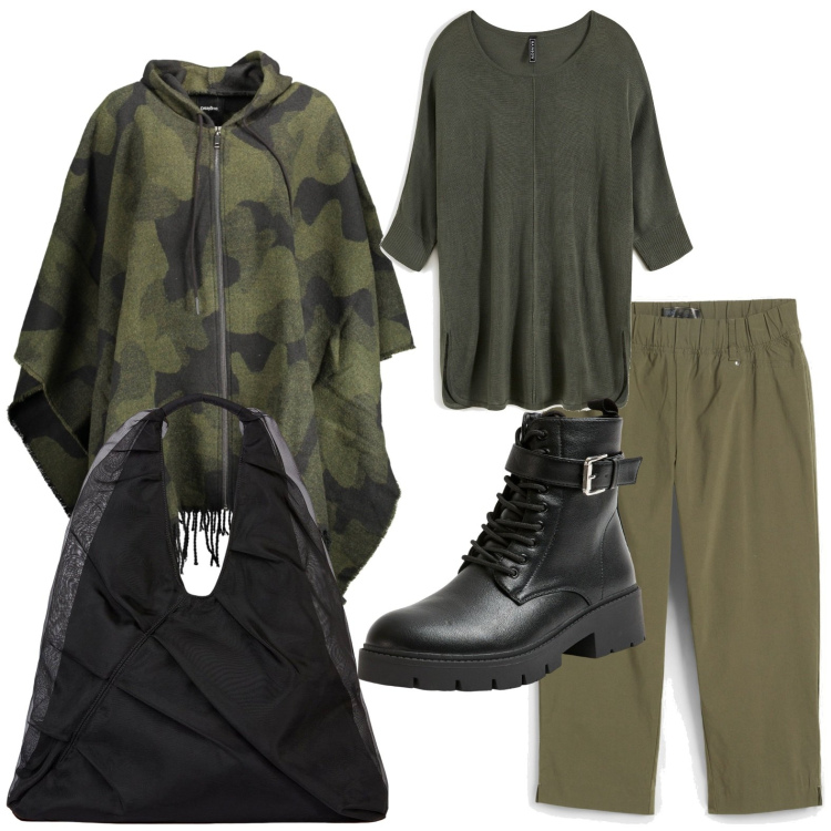 Outfit donna - Stile mimetico. Stile Military per Scuola/Università. Abbinamento con pantaloni, maglieria, anfibi, cappotti, shopping bag.