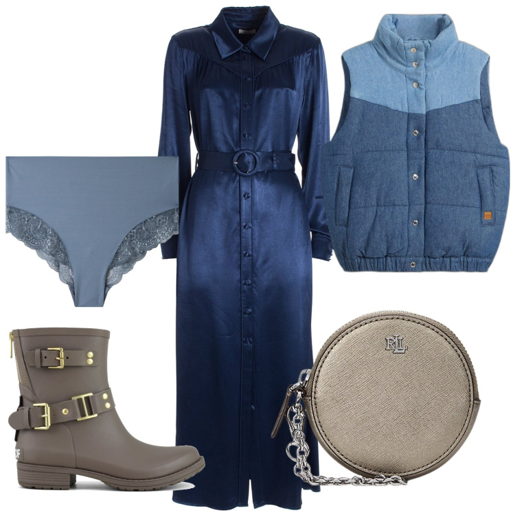 Outfit donna - Bagliori di blu. Stile Urban per Ufficio. Abbinamento con gilet, culotte, vestiti chemisier, pochette, stivali.