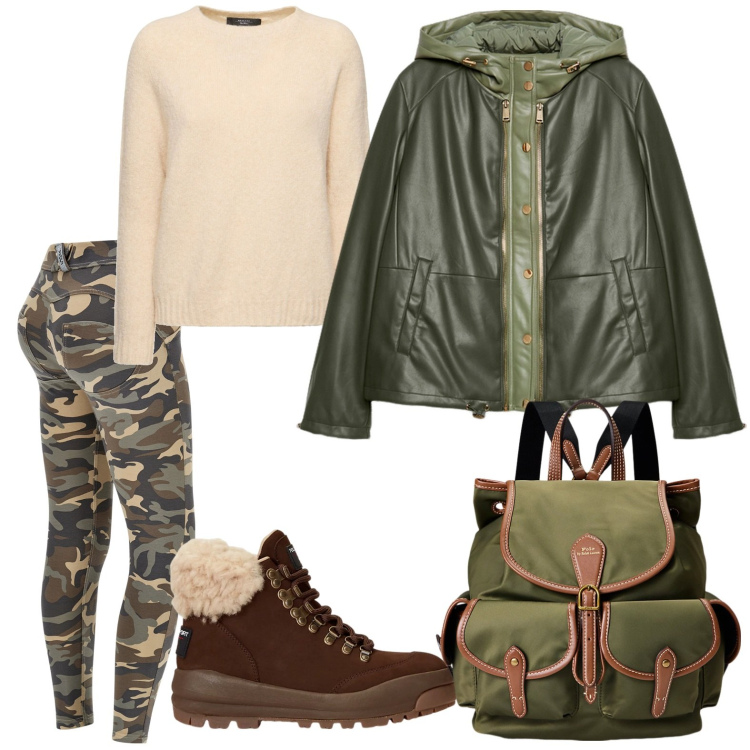 Outfit donna - Military day. Stile Military per Scuola/Università. Abbinamento con pantaloni skinny, zaini, stivaletti, blazer, maglieria.
