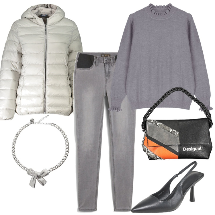 Outfit donna - Grigio su grigio. Stile Casual chic per Tutti i giorni. Abbinamento con jeans, décolleté, maglieria, collane, blazer, borse a spalla.