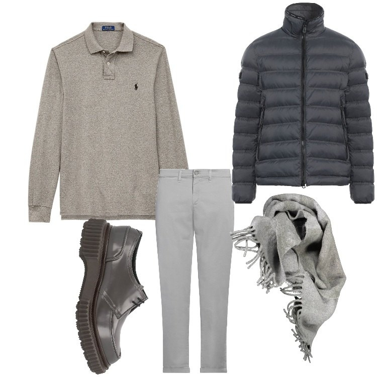 Outfit uomo - Mr. Grey. Stile Casual per Ufficio. Abbinamento con scarpe stringate, pantaloni chino, piumini, polo, sciarpe.