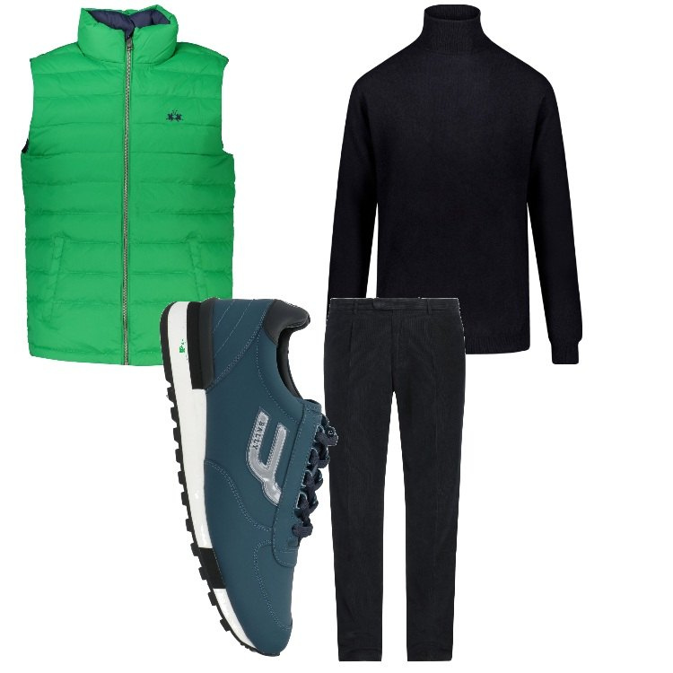 Outfit uomo - Verde e blu. Stile Casual per Tutti i giorni. Abbinamento con pantaloni, sneakers, maglieria, giacche.
