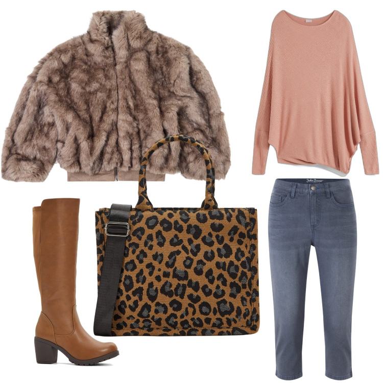 Outfit donna - In partenza per il weekend. Stile Minimal per Tutti i giorni. Abbinamento con stivali, maglieria, jeans, shopping bag, ecopellicce.