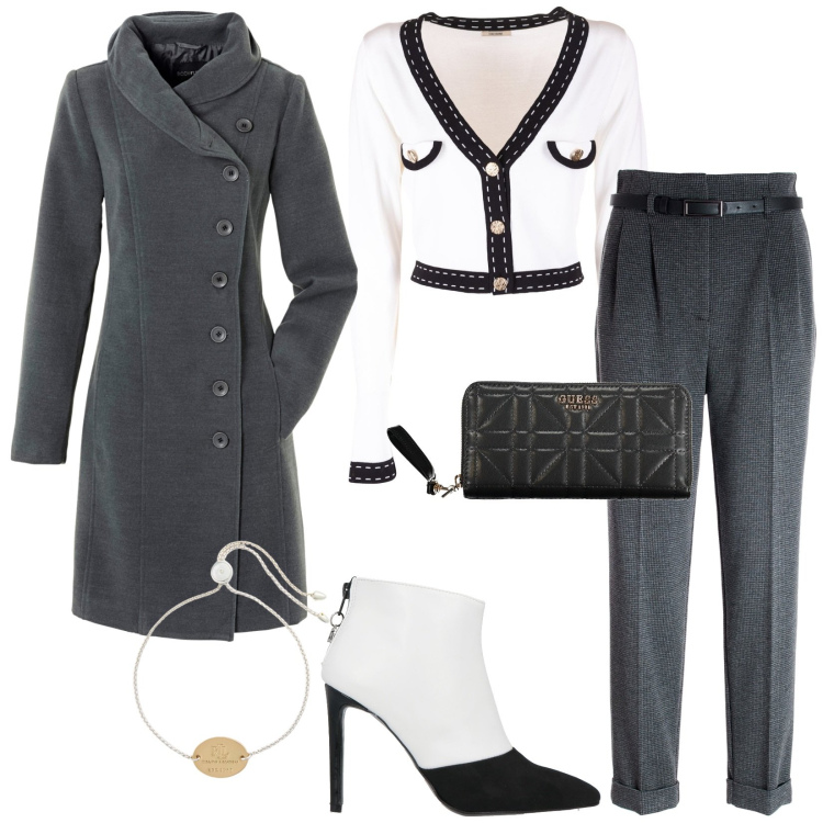 Outfit donna - Total look #1992532. Stile Chic per Ufficio. Abbinamento con cappotti, stivaletti, pantaloni, cardigans, braccialetti con ciondoli, portafogli.
