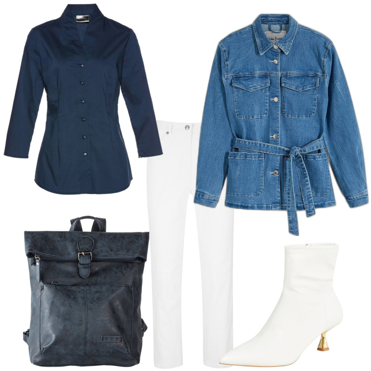 Outfit donna - Denim therapy. Stile Glamour per Tutti i giorni. Abbinamento con camicie, pantaloni, zaini, blazer, stivaletti.