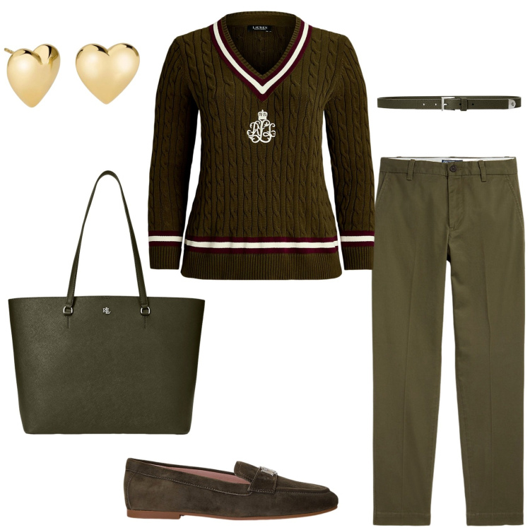 Outfit donna - Maglione verde oliva. Stile Preppy per Ufficio. Abbinamento con orecchini, pantaloni chino, borse tote, maglieria, mocassini, cinture.