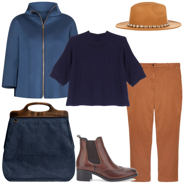 Outfit donna - Capello stiloso. Stile Casual chic per Ufficio. Abbinamento con cappe, cappelli, maglieria, borse a tracolla, stivaletti chelsea, pantaloni.