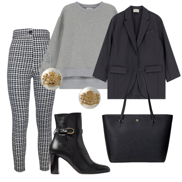 Outfit donna - Total look #1992554. Stile Casual chic per Ufficio. Abbinamento con leggings, felpe, blazer, orecchini, borse tote, stivaletti.