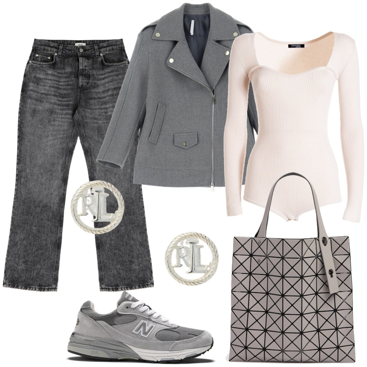 Outfit donna - Total look #1992563. Stile Casual chic per Tutti i giorni. Abbinamento con sneakers, body, blazer, orecchini, jeans, shopping bag.