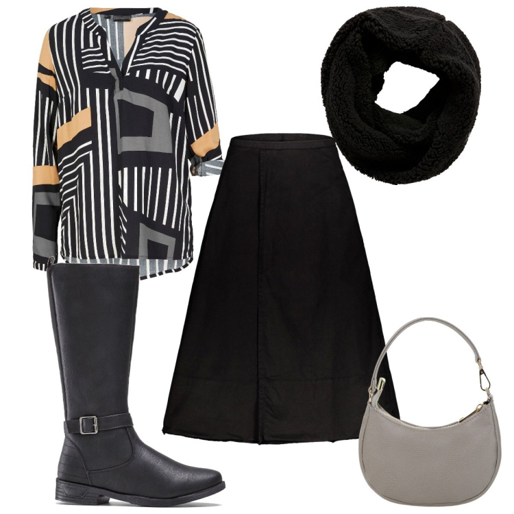 Outfit donna - Total look #1992567. Stile Trendy per Tutti i giorni. Abbinamento con stivali, tuniche, sciarpe, borse a spalla, gonne lunghe.