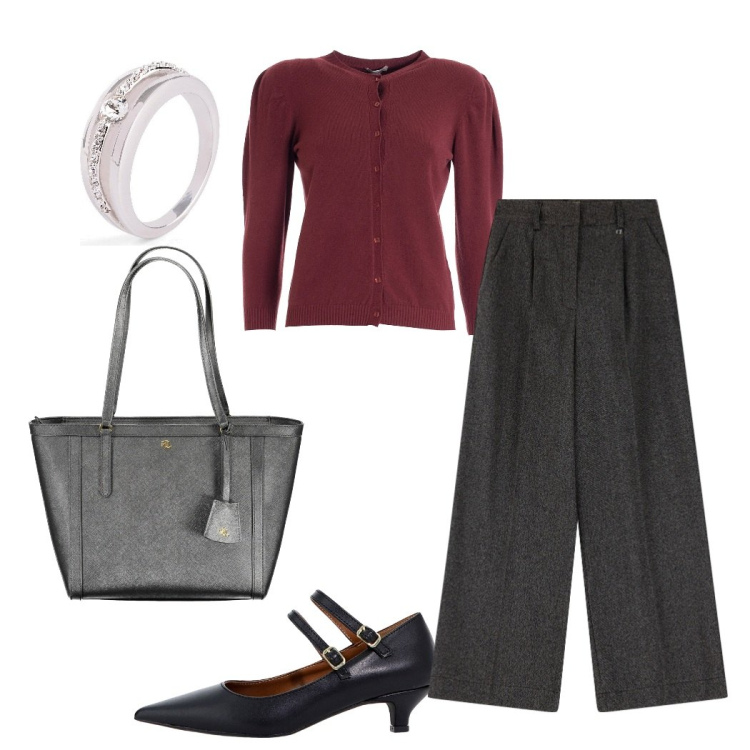 Outfit donna - Giornata in ufficio. Stile Bon Ton per Ufficio. Abbinamento con anelli, cardigans, décolleté, pantaloni a palazzo, borse a spalla.