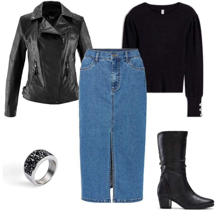 Outfit donna - Super trendy con Bonprix. Stile Urban per Tutti i giorni. Abbinamento con stivali, blazer, gonne lunghe, maglieria, anelli.