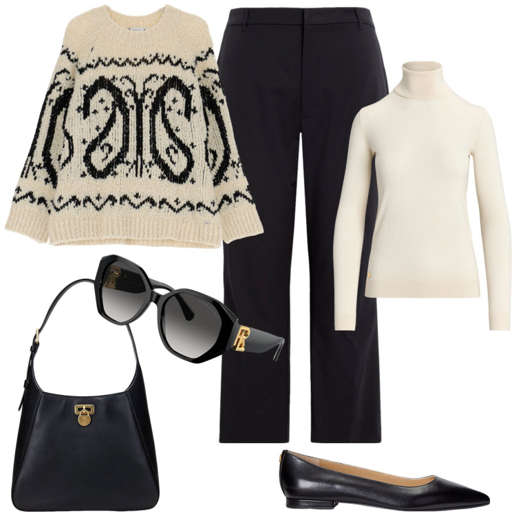 Outfit donna - Maglieria avvolgente. Stile Casual chic per Ufficio. Abbinamento con maglieria, maglieria, borse a spalla, ballerine, occhiali da sole, pantaloni.