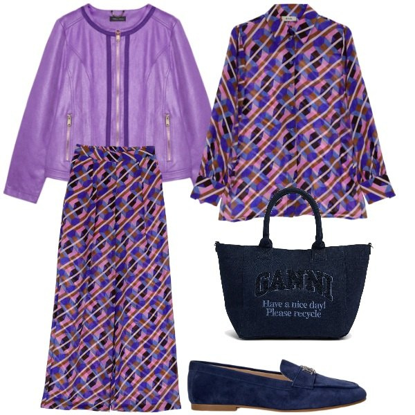 Outfit donna - Stampa vibrante. Stile Casual per Tutti i giorni. Abbinamento con blazer, pantaloni a palazzo, camicie, mocassini, shopping bag.
