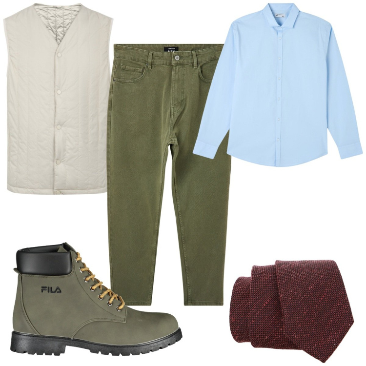 Outfit uomo - Total look #1992600. Stile Casual per Tutti i giorni. Abbinamento con pantaloni, camicie, cravatte, piumini, stivali.