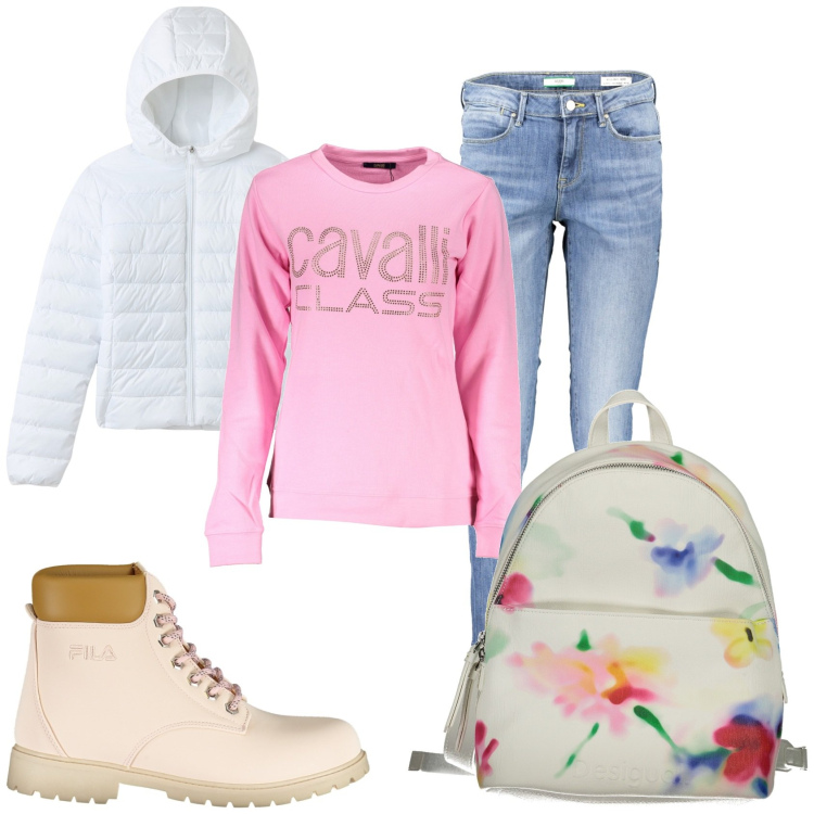 Outfit donna - Rosa e bianco. Stile Casual per Tutti i giorni. Abbinamento con blazer, felpe, jeans skinny, zaini, stivali.