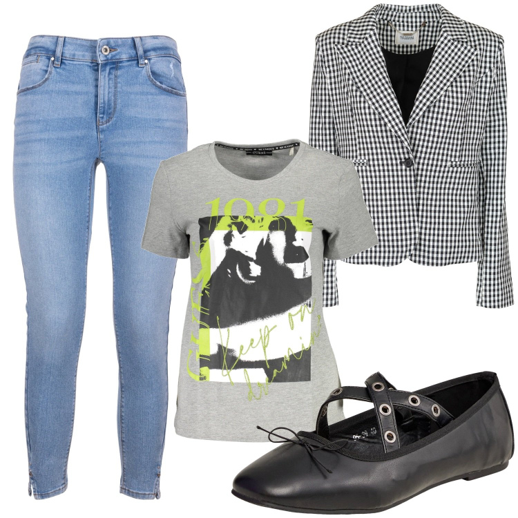 Outfit donna - Le ballerine. Stile Casual per Ufficio. Abbinamento con ballerine, jeans, blazer, t-shirt.
