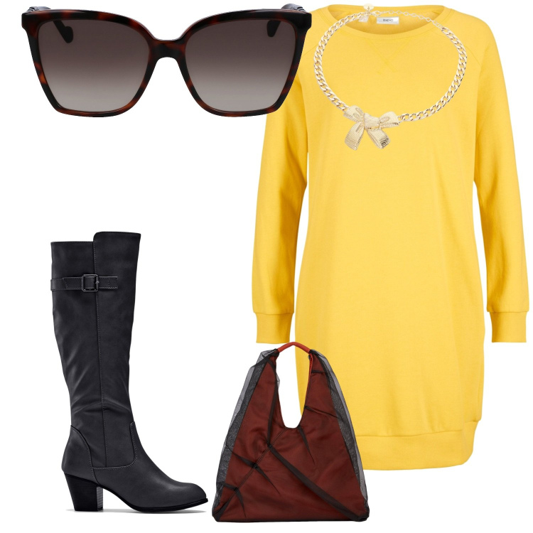 Outfit donna - Misteriosa in giallo. Stile Casual chic per Ufficio. Abbinamento con stivali, vestiti, collane, occhiali da sole, shopping bag.