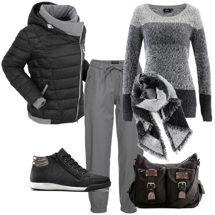 Outfit donna - Total look #1992629. Stile Casual per Tutti i giorni. Abbinamento con pantaloni, maglieria, sneakers alte, giacche, borse a tracolla, sciarpe.