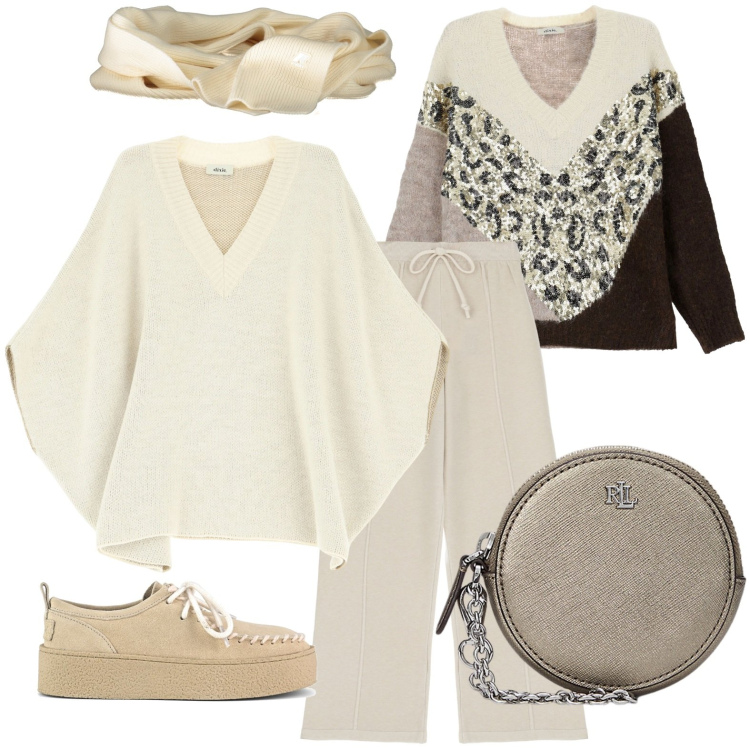Outfit donna - Total look #1992633. Stile Casual per Tutti i giorni. Abbinamento con pantaloni, maglieria, cappotti, pochette, mocassini, sciarpe.