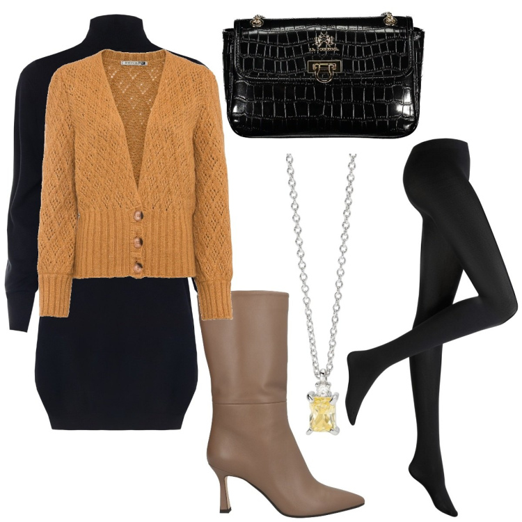 Outfit donna - È arrivato novembre. Stile Glamour per Tutti i giorni. Abbinamento con collant, cardigans, stivali, collane, vestiti, borse a tracolla.