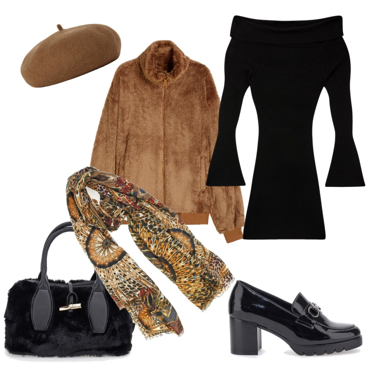 Outfit donna - Total look #1992642. Stile Casual chic per Ufficio. Abbinamento con vestiti corti, blazer, mocassini, cappelli e berretti, sciarpe, borse a mano.