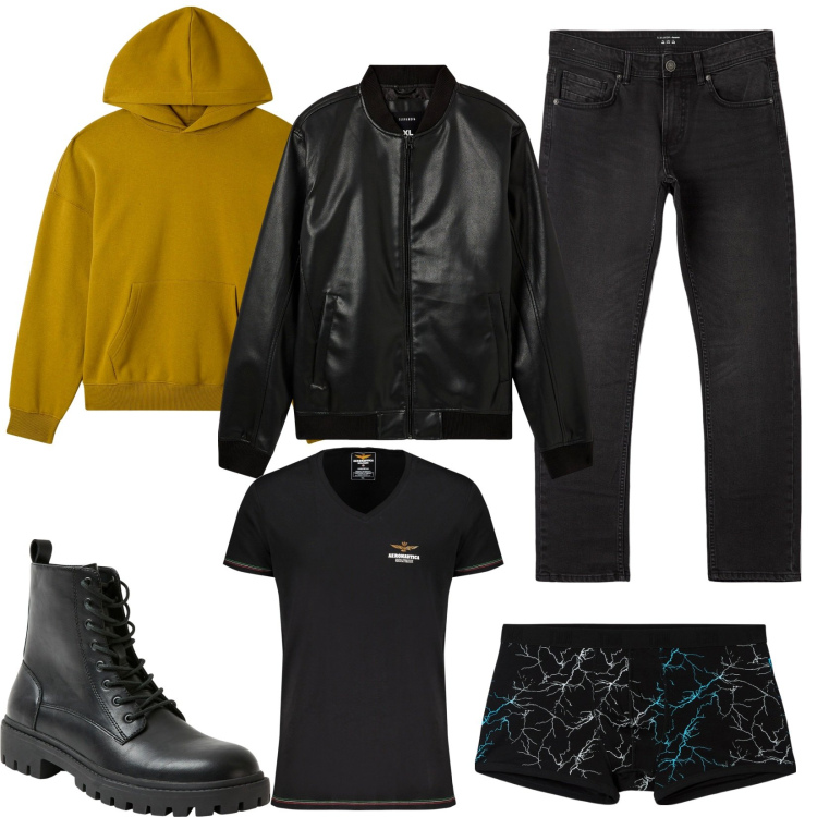 Outfit uomo - Felpa senape. Stile Urban per Tutti i giorni. Abbinamento con bomber, jeans dritti, felpe con cappuccio, boxer, anfibi, magliette intime.