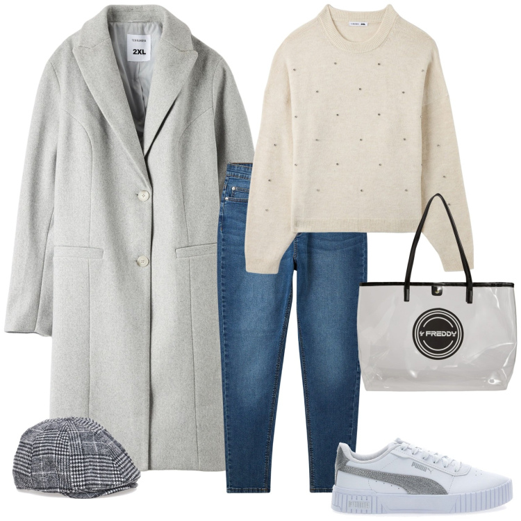 Outfit donna - Total look #1992645. Stile Casual per Tutti i giorni. Abbinamento con maglieria, cappotti, jeans skinny, shopping bag, sneakers, berretti.