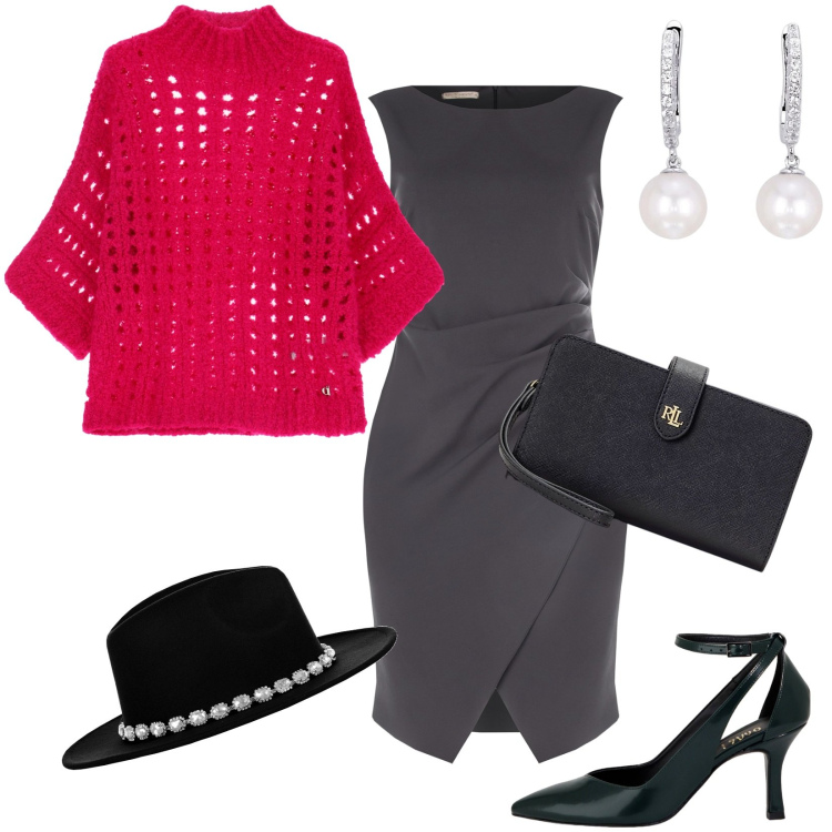 Outfit donna - Un\'avvolgente maglione traforato. Stile Casual chic per Serata fuori. Abbinamento con décolleté, pullovers, orecchini, vestiti a tubino, cappelli, pochette.