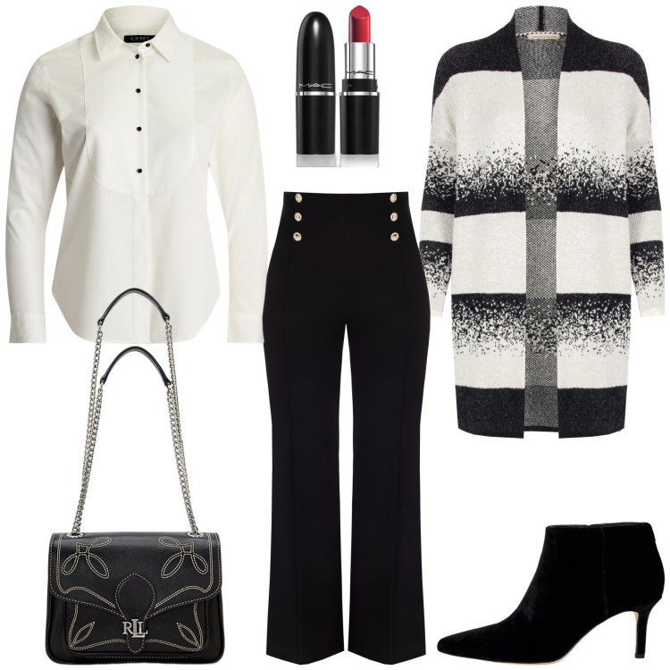 Outfit donna - Il cardigan avvolgente. Stile Basic per Tutti i giorni. Abbinamento con rossetti, cardigans, pantaloni, borse a spalla, stivaletti, camicie.