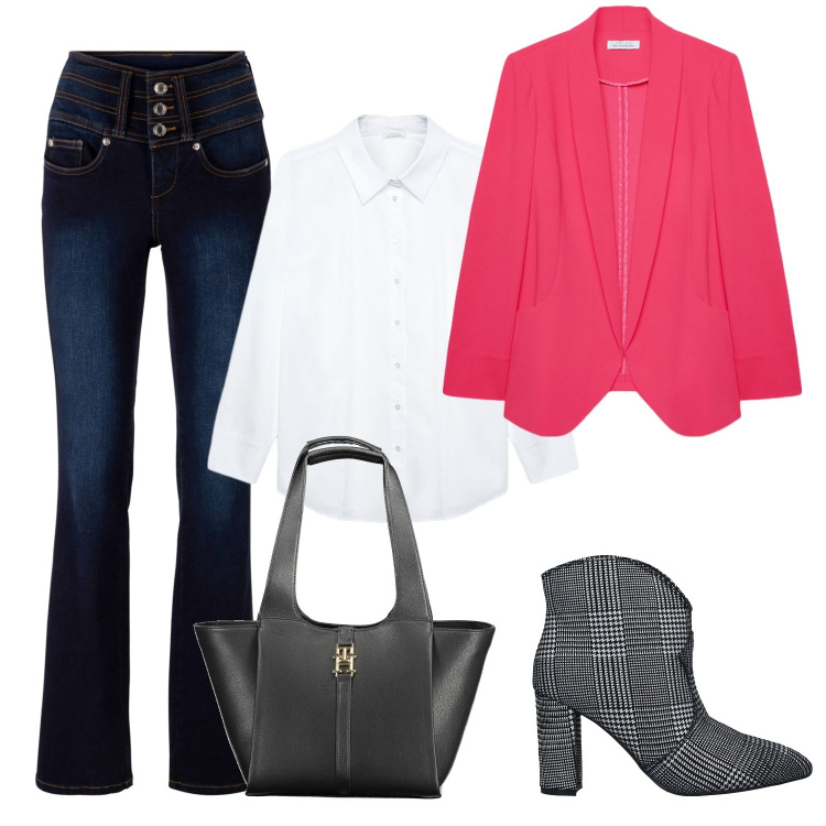Outfit donna - Corallo. Stile Glamour per Ufficio. Abbinamento con jeans bootcut, stivaletti, camicie, blazer, borse a spalla.