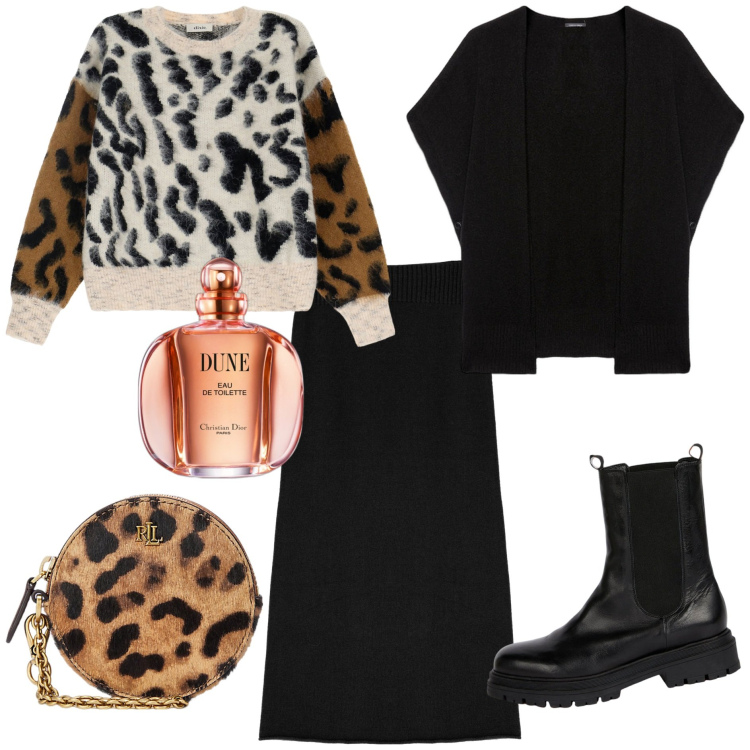 Outfit donna - Sauvage et enveloppant. Stile Trendy per Tutti i giorni. Abbinamento con profumi, gonne longuette, pochette, pullovers, stivaletti chelsea, cappe.