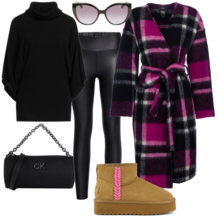 Outfit donna - Look metropolitani. Stile Basic per Scuola/Università. Abbinamento con leggings, maglieria, borse a mano, cappotti, stivaletti, occhiali da sole.