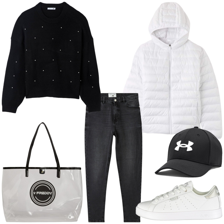 Outfit donna - Urban style. Stile Urban per Tutti i giorni. Abbinamento con maglieria, jeans skinny, blazer, shopping bag, sneakers, berretti.