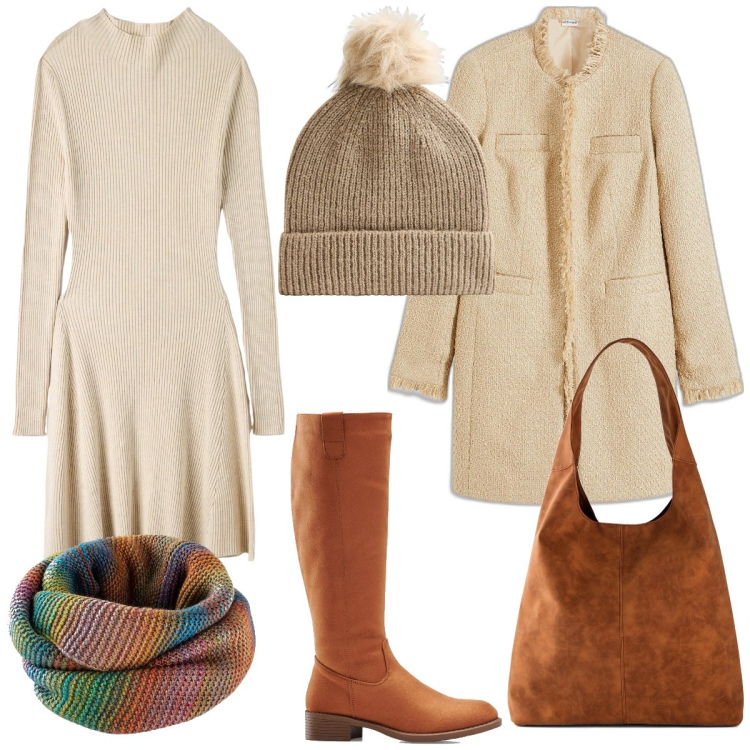 Outfit donna - Crema e caffè. Stile Casual per Tutti i giorni. Abbinamento con stivali, foulard, shopping bag, blazer, vestiti midi/longuette, berretti.