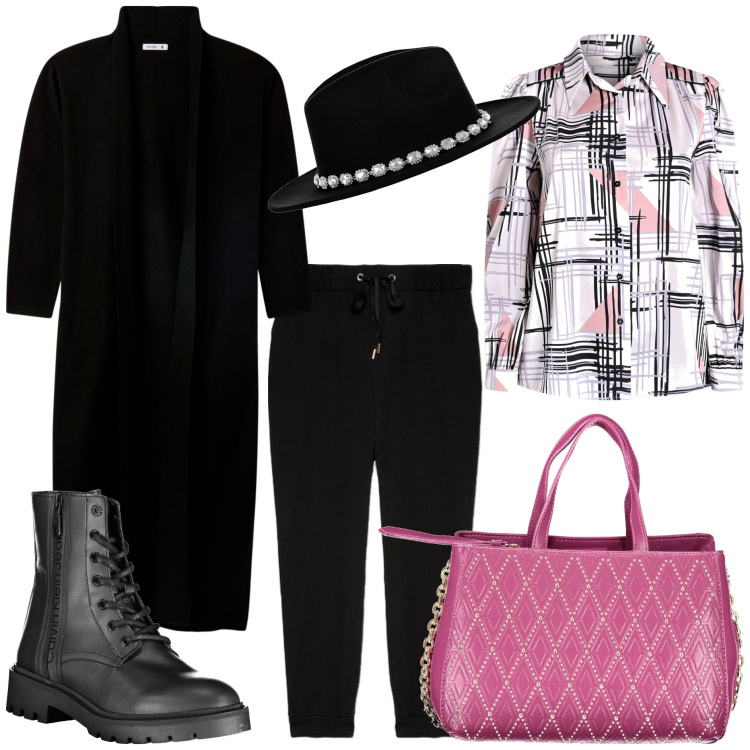 Outfit donna - Trend d\'autunno. Stile Trendy per Tutti i giorni. Abbinamento con cardigans, camicie, cappelli, stivali, pantaloni, borse a spalla.