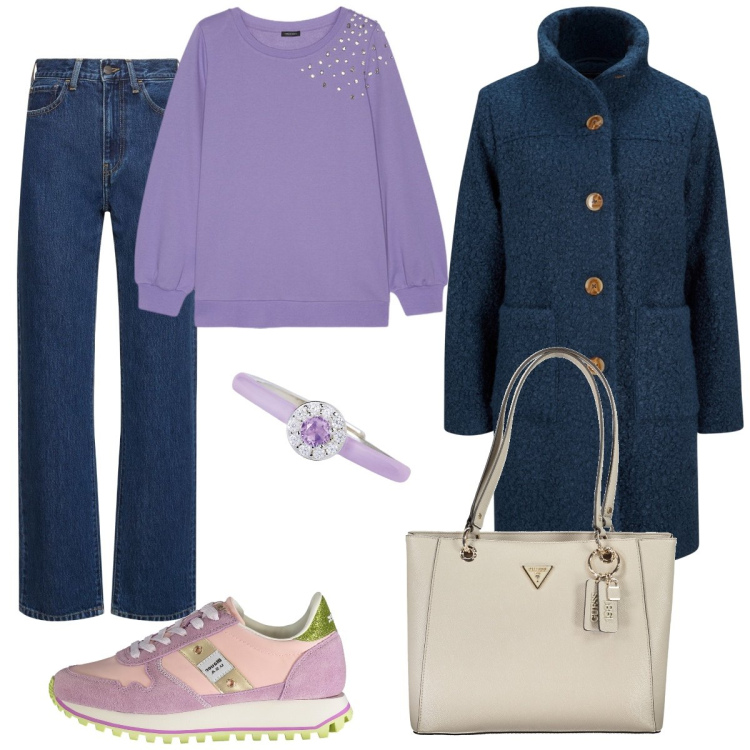 Outfit donna - Lilla e blue. Stile Casual per Tutti i giorni. Abbinamento con cappotti, anelli, sneakers, felpe, jeans dritti, borse a spalla.