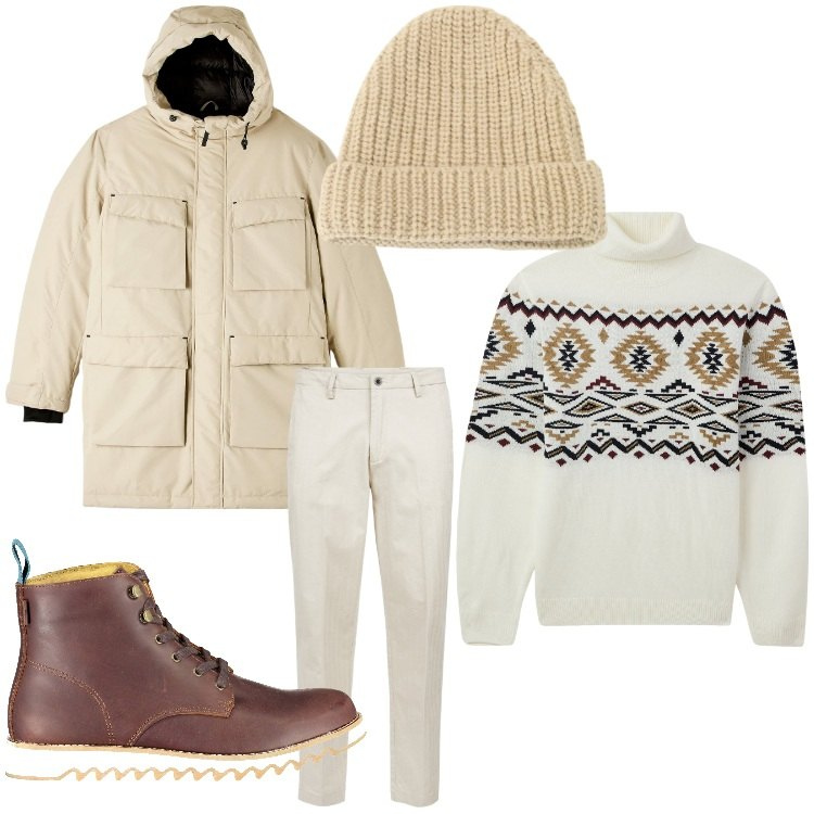 Outfit uomo - Se arriva il freddo. Stile Casual per Tutti i giorni. Abbinamento con maglieria, parka, berretti, pantaloni, stivali.