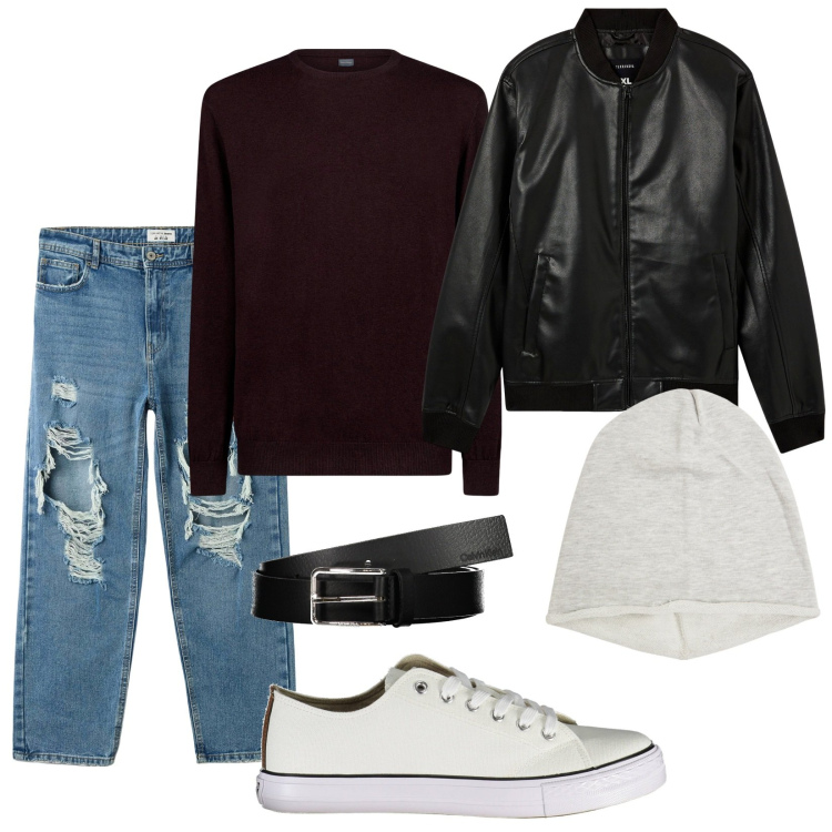Outfit uomo - Total look #1992709. Stile Casual per Tutti i giorni. Abbinamento con bomber, jeans strappati, berretti, maglieria, cinture, sneakers.