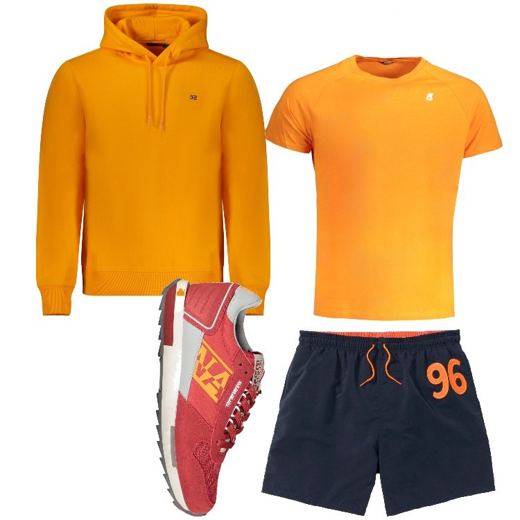 Outfit uomo - In allenamento. Stile Casual per Sport. Abbinamento con pantaloni corti, felpe con cappuccio, t-shirt, sneakers.