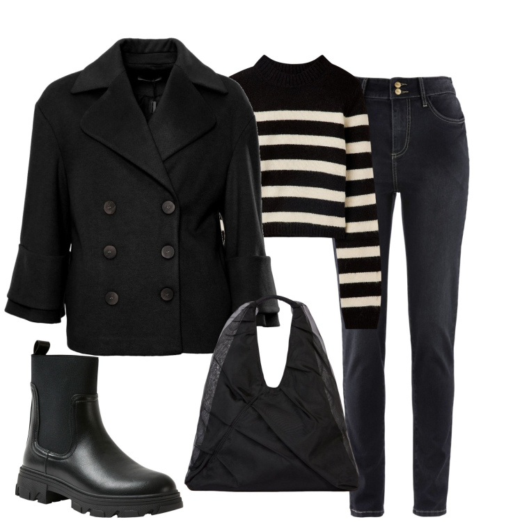 Outfit donna - Novembre. Stile Casual chic per Tutti i giorni. Abbinamento con jeans, maglieria, stivaletti chelsea, cappotti, shopping bag.