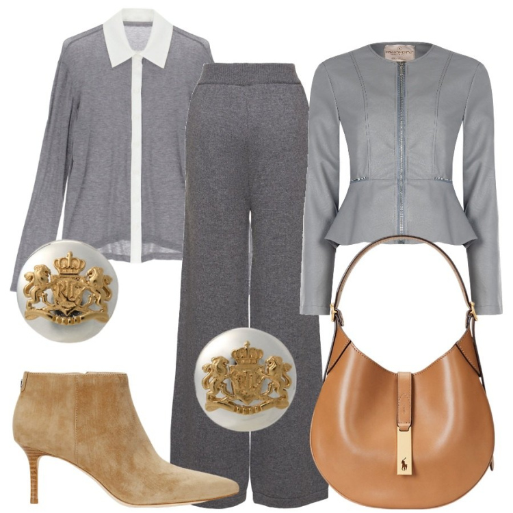 Outfit donna - Chic in grigio e beige. Stile Sporty chic per Ufficio. Abbinamento con blazer, camicie, orecchini, borse a spalla, stivaletti, pantaloni.