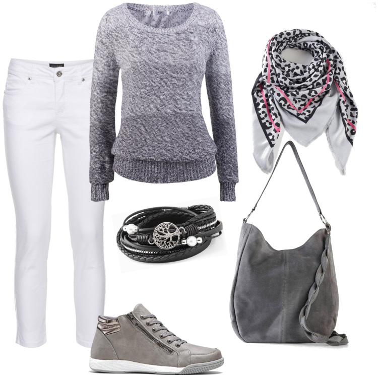 Outfit donna - Il maglione sfumato. Stile Casual per Tutti i giorni. Abbinamento con sneakers alte, maglieria, foulard, braccialetti, borse a mano, pantaloni.