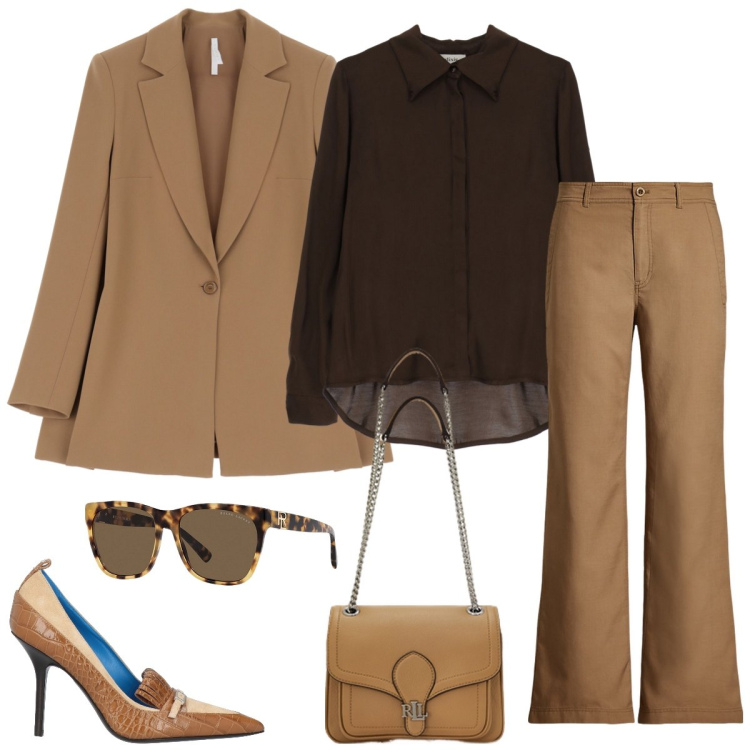 Outfit donna - Ufficio. Stile Chic per Ufficio. Abbinamento con décolleté, blazer, camicie, borse a spalla, occhiali da sole, pantaloni.