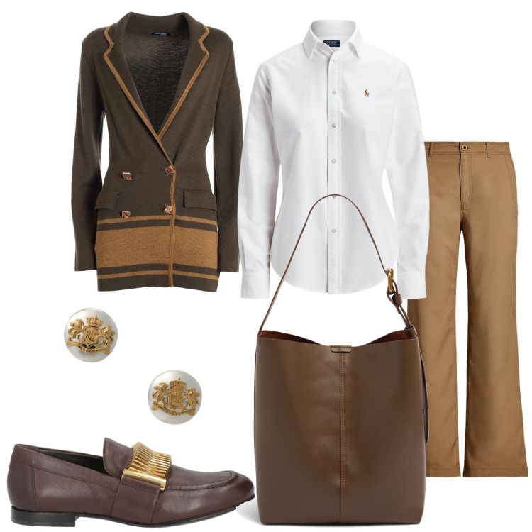 Outfit donna - Come va bene la giornata. Stile Glamour per Tutti i giorni. Abbinamento con mocassini, blazer, camicie, orecchini, pantaloni, borse a spalla.