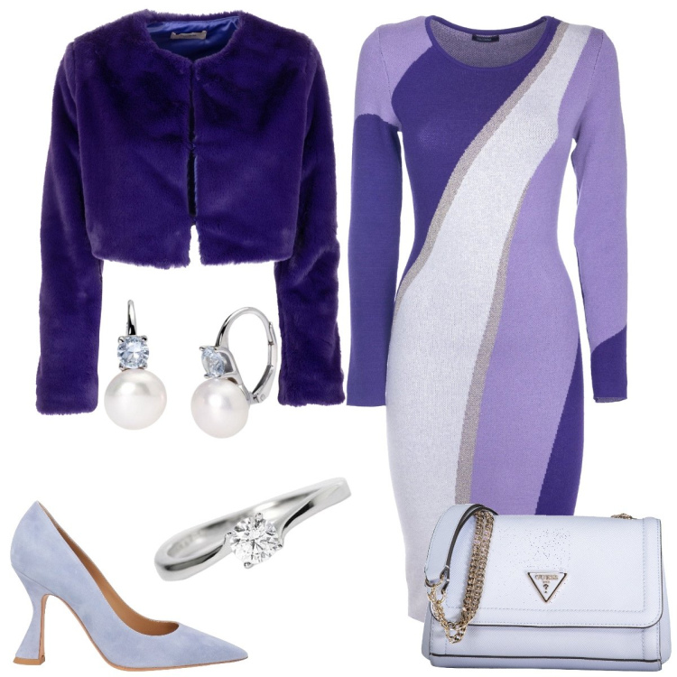 Outfit donna - Sfumature viola. Stile Chic per Tutti i giorni. Abbinamento con décolleté, anelli, orecchini, vestiti midi/longuette, blazer, borse a spalla.