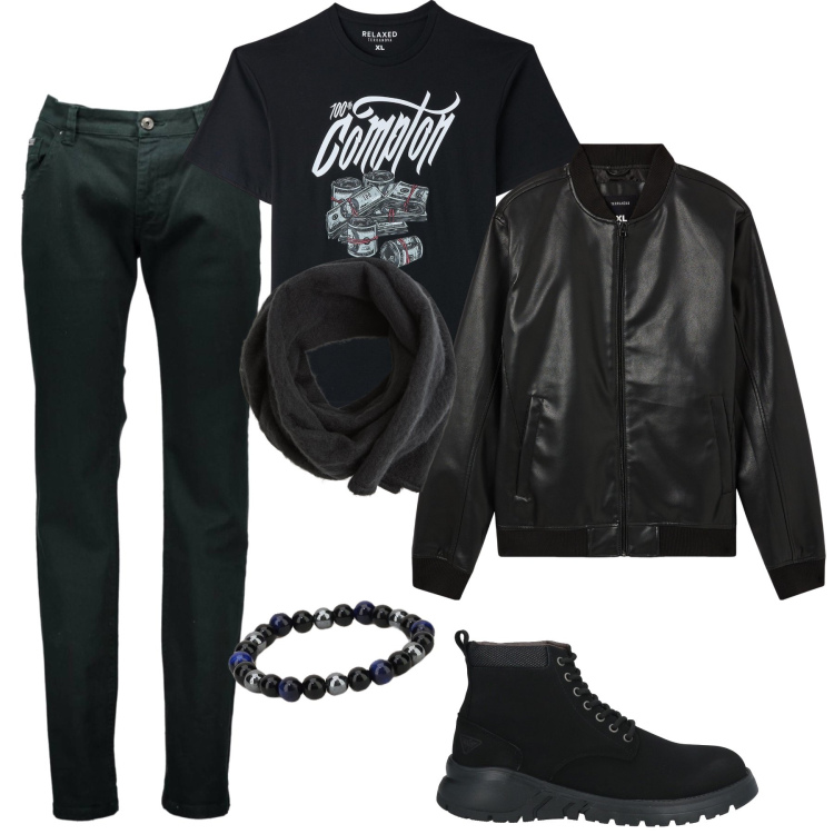 Outfit uomo - Un po’ di rock. Stile Biker Rock per Tutti i giorni. Abbinamento con stivali e stivaletti, bomber, sciarpe e foulard, t-shirt, braccialetti, pantaloni.