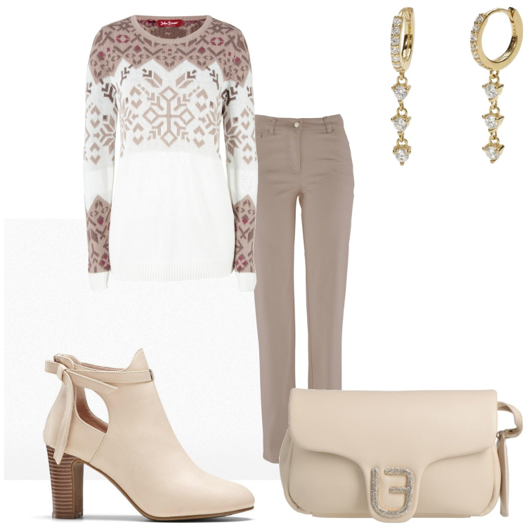 Outfit donna - Il beige di moda. Stile Glamour per Tutti i giorni. Abbinamento con stivaletti, maglieria, pantaloni, borse a mano, orecchini.