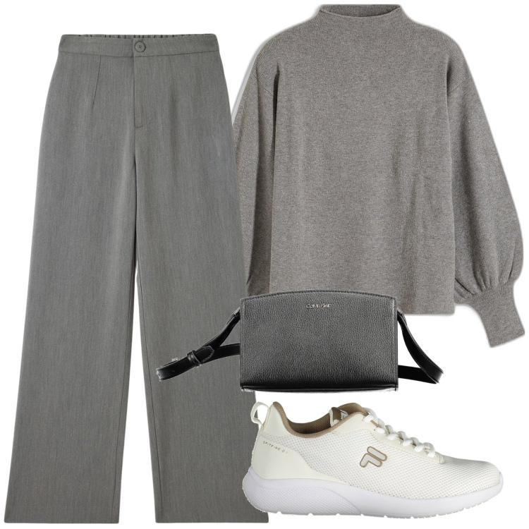 Outfit donna - Special grigio. Stile Casual chic per Tutti i giorni. Abbinamento con maglieria, pantaloni, sneakers, borse a tracolla.