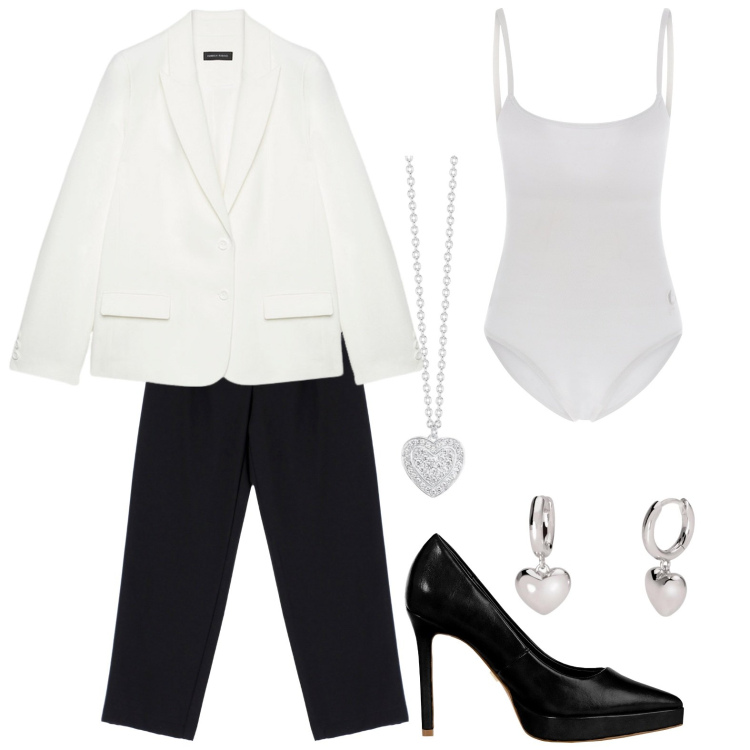 Outfit donna - Tacchi a spillo. Stile Chic per Serata fuori. Abbinamento con collane, orecchini, décolleté, body, pantaloni, blazer.
